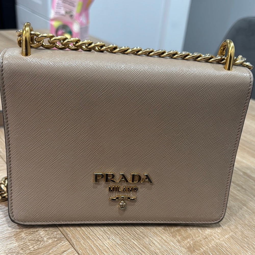 Authentic Prada Tan Leather Shoulder Bag with Gold Chain saffiano